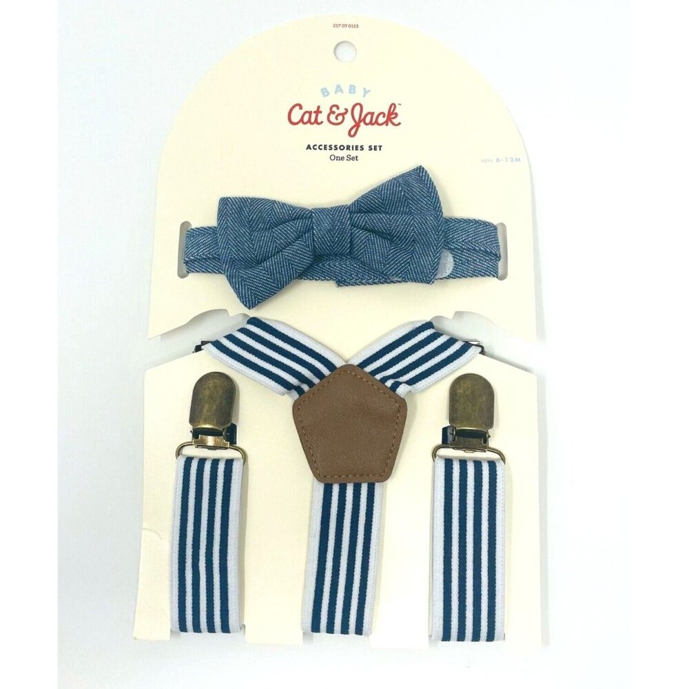 Cat & Jack Baby Boy White & Blue Suspender and Bowtie Set 6-12 Month Navy Stripe